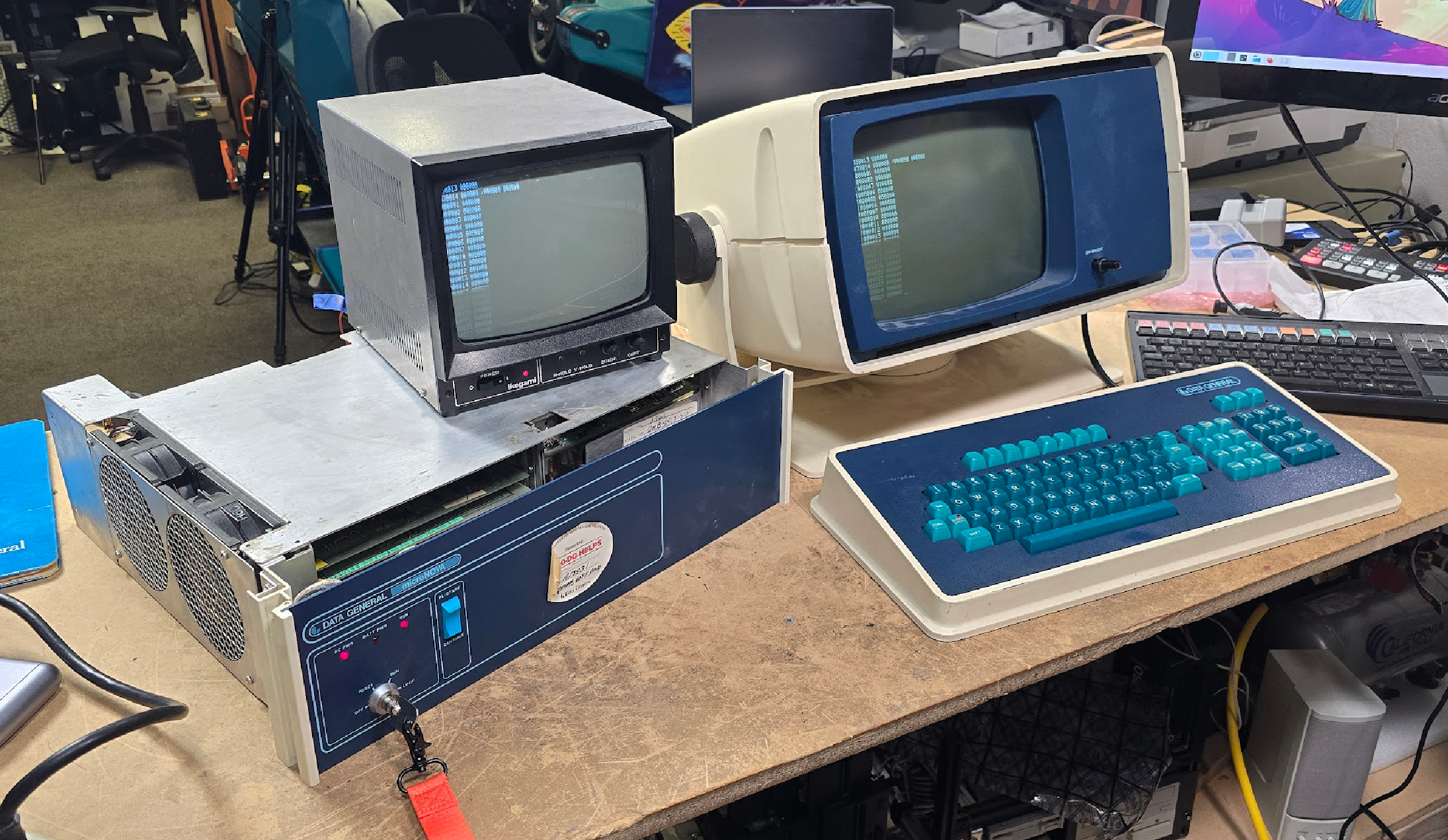 A Data General MicroNova and Dasher Terminal running and showing the system monitor. A Data General MicroNova and Dasher Terminal running and showing the system monitor.